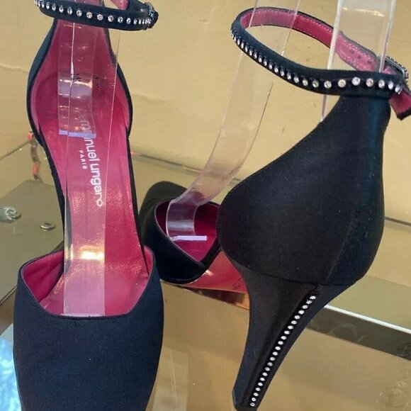 Emanuel Ungaro Sz 7 Black Satin w/Crystals Heels - Picture 13 of 15